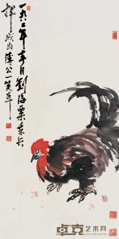 刘海粟 1987年作 雄鸡 立轴 136×67cm